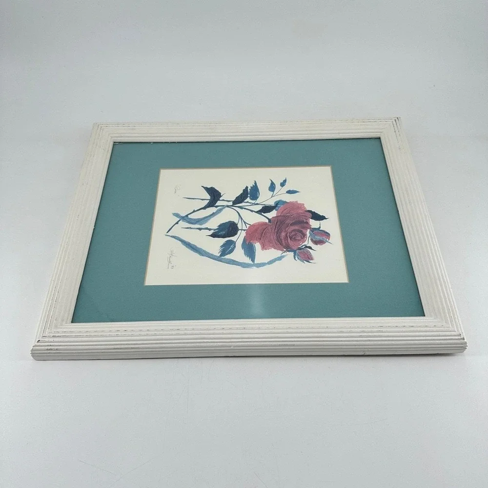 Cottage Victorian Vintage Rose Floral Framed Original Art Pink Blue‎ White Frame